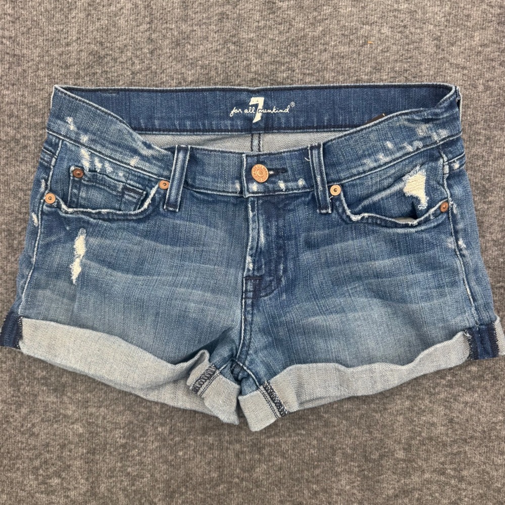 7 For All Mankind Women Blue Distressed Cuffed Denim Shorts Size 25 Low Rise
